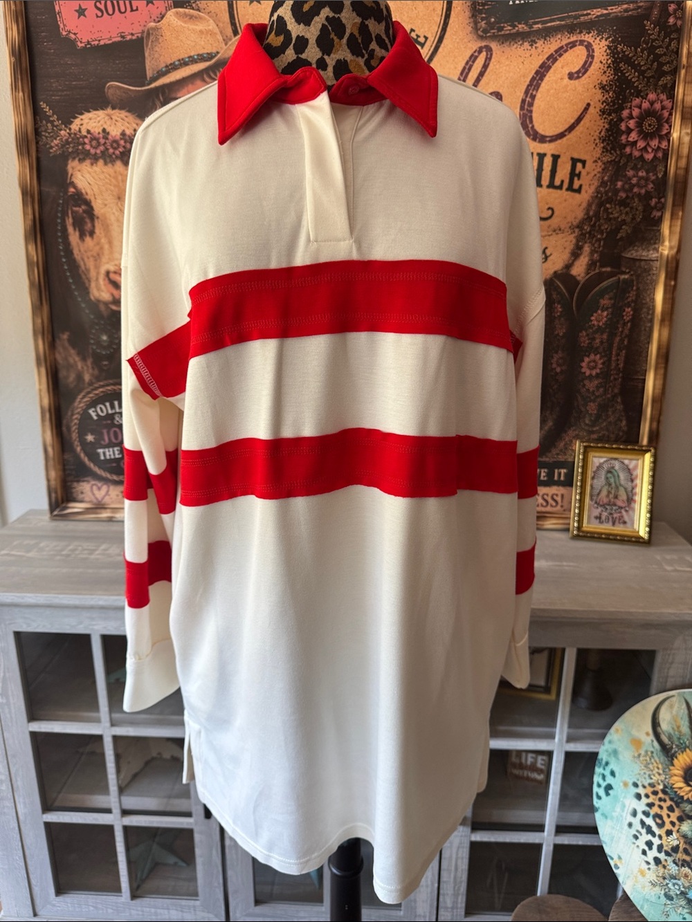 WHITE BIRCH Red & Ivory Striped Collared Rugby Tunic/Mini Dress Size Large